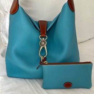 Dooney & Bourke SKY BLUE Pebbled Leather Logo Lock Large Hobo Tote